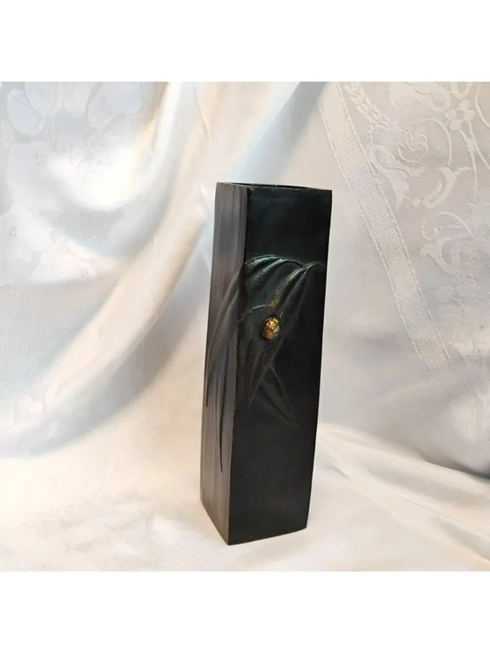 Vintage Japanese Ikebana Vase - MCM Faux Bronze Cast Metal Bamboo Pillar 9